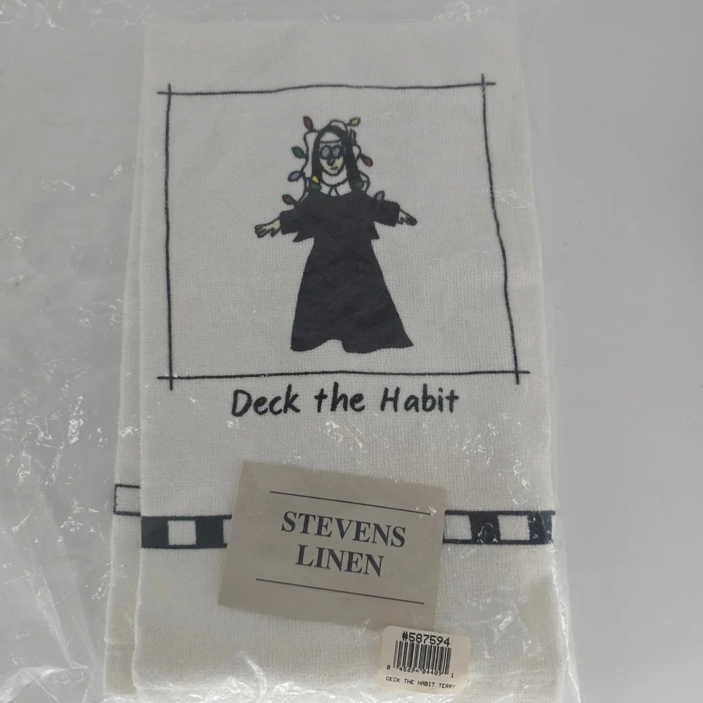 Vintage Deck the Habit Nun Christmas Towel Stevens Linen Catholic Humor NOS